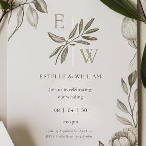 Modèle élégant de faire-part de mariage botanique | Toile d'invitation modifiable | Carte de mariage imprimable | Motif Eucalyptus