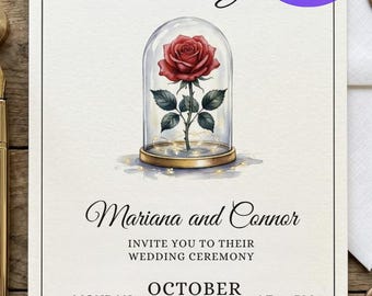 Fairytale Wedding Invitation | Beauty and the Beast Inspired Invite | Elegant Rose Glass Dome Invitation