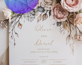 May include: Wedding invitation with a floral watercolour design, featuring roses and foliage. The invitation includes the names "Olivia and Daniel", date, time, and address. The Canva logo is visible in the top left corner.