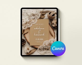May include: A digital tablet displays a wedding invitation design. The invitation features the text "Save the Date" and the names "Adeline & Howard" with the date "21.09.2024". The design includes lace, wood slices, and floral elements.