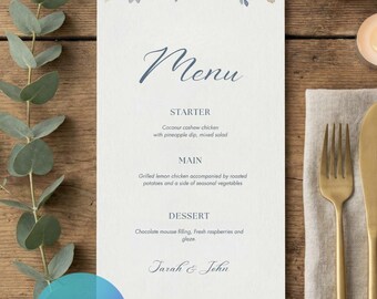 Elegant Floral Wedding Menu | Blue Watercolor Design (Canva Template)