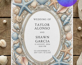Coastal Beach Wedding Invitation Template | Seashell Ocean Invite (Digital Download)