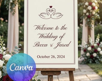 Elegant Swan Wedding Welcome Sign | Burgundy Minimalist Design (Editable Canva Template)