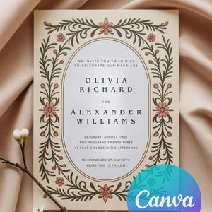 Elegant Botanical Wedding Invitation | Classic Floral Frame Invite | Editable Canva Template | 2 Versions Included