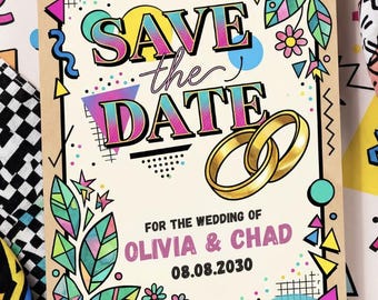 Retro 90s Save the Date Invitation | Colorful Geometric Wedding Announcement (Digital Download)