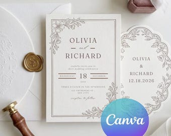 Elegant Floral Wedding Invitation Suite | Minimal Romantic Canva Template (A6)