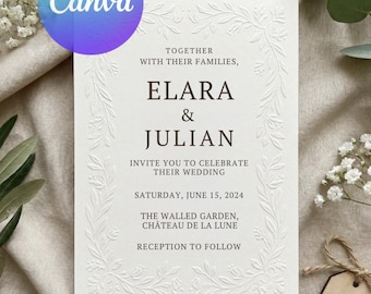 Elegant Embossed Floral Wedding Invitation Template | Minimalist Classic Design (Digital Download)