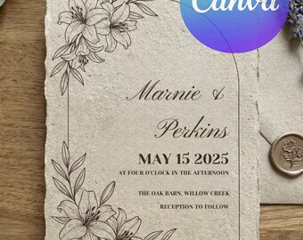 Botanical Wedding Invitation | Elegant Floral Line Art, Handmade Paper Style (Canva Template)
