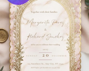 Blush Pink Marble Wedding Invitation | Gold Botanical Arch (Canva Template)