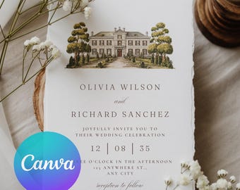 Chateau Wedding Invitation Template | Elegant Estate Venue Illustration | Classic European Wedding Invite