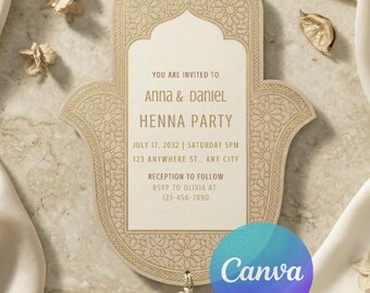 Hamsa Henna Party Invitation | Luxury Gold Moroccan Wedding Invite (Canva Template)