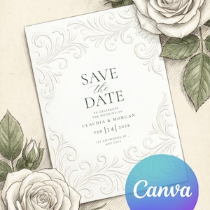 Könnte beinhalten: Eine Save the Date-Karte mit floralen Illustrationen und dem Text "Save the Date". Die Karte enthält die Namen Claudia & Morgan, das Datum 14. Februar 2028 und eine Adresse. Das Design wird durch Rosen akzentuiert.