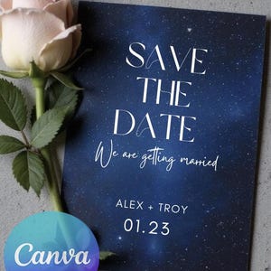 Starry Night Save the Date Template | Elegant Navy Wedding Announcement (Canva)