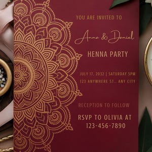 Convite para festa de hena – Design de mandala bordô e dourado (somente digital)