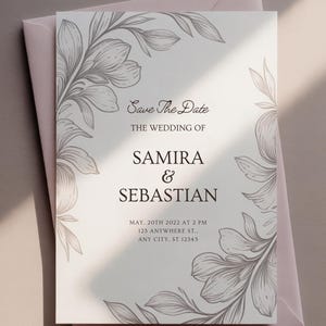 Minimal Floral Wedding Save The Date Template | Elegant Digital Canva Invite, Editable Printable Invitation, Modern Bridal Announcement