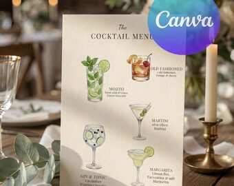Wedding Cocktail Menu | Watercolor Signature Drinks Sign (Canva Template)