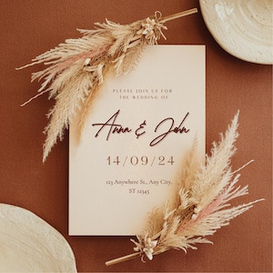 Boho Pampas Grass Wedding Invitation - Editable Canva Template