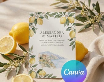 Italian Lemon Wedding Invitation Template | Amalfi Coast Destination Wedding Invite | Mediterranean Watercolor