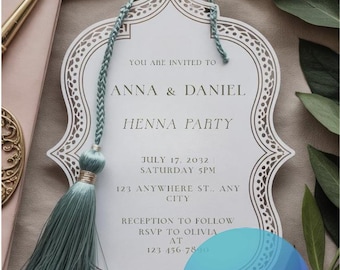 Elegante invitación para fiesta de henna / Marco marroquí / Plantilla digital de Canva