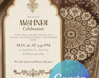 Mehndi Invitation Template | Moroccan Arch Henna Party Invite (Canva)
