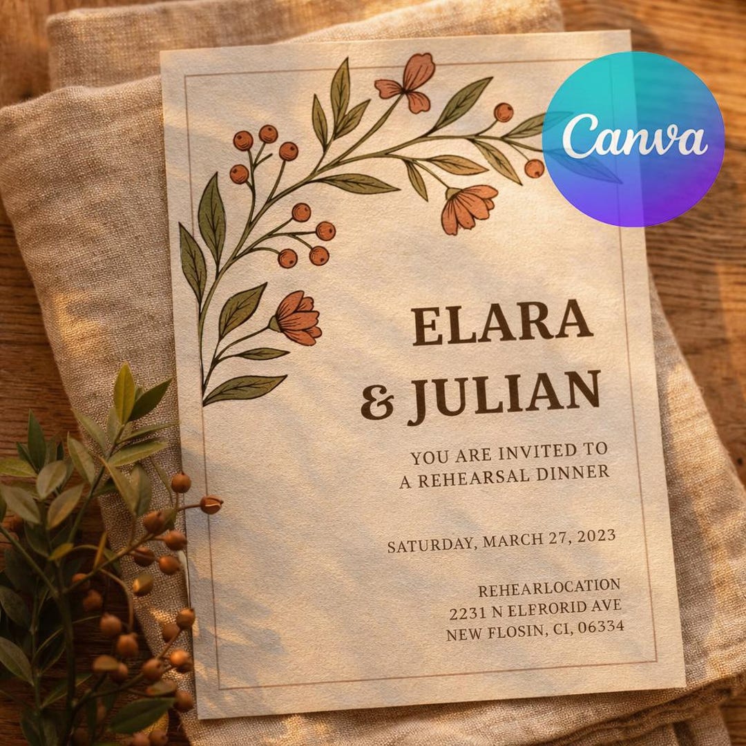 Rustic Rehearsal Dinner Invitation Template | Botanical Wedding Invite ...