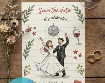 Save the Date Wedding Invitation | Cartoon Couple, Doodles, Rings (Digital Download)