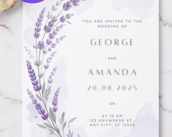 Lavender Wedding Invitation | Watercolor Botanical Design | Soft Purple Elegance | Canva Template