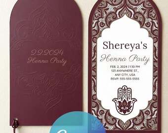 Burgundy Henna Invitation | Moroccan Party Invite, Hamsa Wedding (Canva Template)