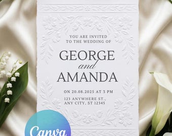 Elegant Embossed Wedding Invitation Template | Minimalist Floral Letterpress Design (Digital Download)