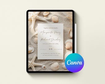 May include: A digital tablet displays a wedding invitation with the names Margarita Perez and Richard Sanchez. The invitation is surrounded by seashells and starfish on a sandy background. A stylus and a Canva logo are also visible.