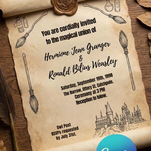 May include: A parchment-style invitation with a wax seal, brooms, and potion bottles. The text reads "You are cordially invited to the magical union of Hermione Jean Granger & Ronald Bilius Weasley." The date is September 19th, 1998.