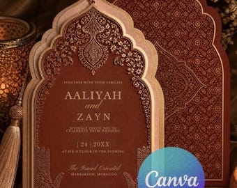 Moroccan Arch Wedding Invitation Template | Luxury Henna Design (Canva)