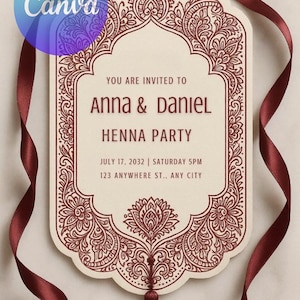 Henna-Party Einladung | Verziertes indisches Bogendesign | Tiefrot, eleganter Stil