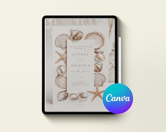 May include: A digital tablet displays a wedding invitation design. The invitation features seashells, starfish, and pearls, with the names "George and Amanda" and the date "20.08.2025". The Canva logo is visible in the bottom right corner.