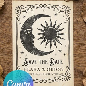 Könnte beinhalten: Vintage-Hochzeitseinladungskarte mit Mond- und Sonnenmotiv. Der Text "Save the Date" ist zu sehen, zusammen mit den Namen Elara & Orion und dem Datum 26. Oktober 2024 in Joshua Tree, CA.