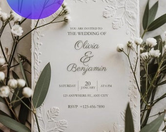Elegant Wedding Invitation | Minimal Leaf Embossed Style