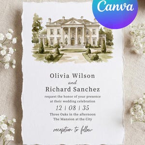 Può includere: Invito di nozze ad acquerello con un'illustrazione di un palazzo. L'invito include i nomi di Olivia Wilson e Richard Sanchez, la data del matrimonio e i dettagli della location. Il logo Canva è visibile in alto a destra.