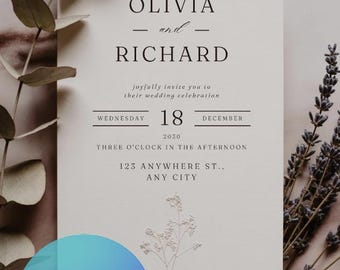 Minimalistische Hochzeitseinladung | Beige Blumen Linie Kunst | Canva Vorlage