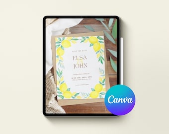 Könnte beinhalten: Ein Tablet zeigt eine Hochzeitseinladung mit Zitronenmotiv. Die Einladung enthält die Namen "Elsa John" und Hochzeitsdetails, umgeben von Aquarellzitronen und grünen Blättern. Ein Canva-Logo ist sichtbar.
