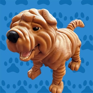 May include: A brown Shar Pei dog sculpture with a detailed, layered design. The dog has a black nose, open mouth, and is standing on four legs. The background is blue with white paw prints.