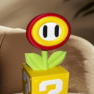 3D-Printed Mario Fire Flower in Question Block – A Must-Have for Gamers!