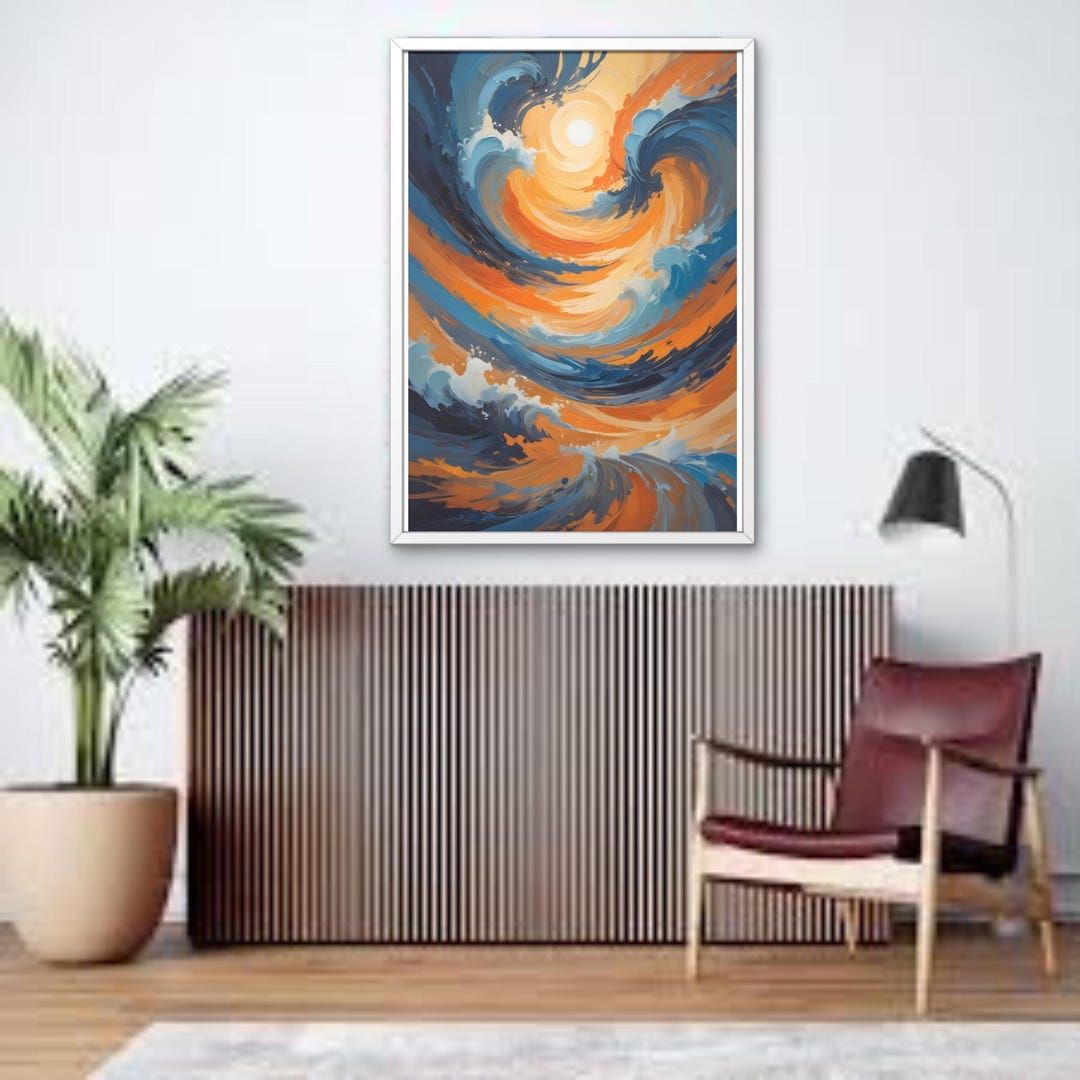 Orange Blue Sunset Ocean Waves Generative Abstract Painting Wall Art ...