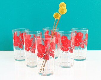 Vintage Red Morning Glory Glasses / Set of Six Mid Century Flower Glasses / Vintage Peanut Butter Glasses / Vintage Sour Cream Glasses