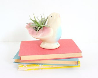 Vintage Pink & Blue Bird Planter / Vintage USA Pottery Bird Vase