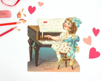 Antique Mechanical Valentine from Germany / Large Vintage Die Cut Valentine / Vintage Moving Valentine / Girl Playing Music on Piano