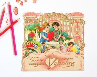 Antique Fold Out Valentine from Germany / To My Valentine / Large Vintage Stand-Up Die Cut Valentine