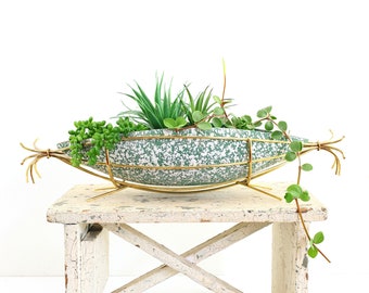 Mid Century Modern Green Ceramic Splatter Glaze Planter with Gold Wire Stand