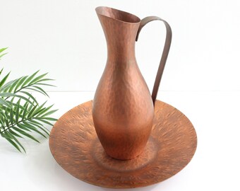 Mid Century Modern Hammered Copper Pitcher & Plate / Vintage Copper Pitcher and Charger Plate from Germany