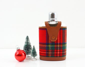 Vintage Glass Travel Flask With Leather & Wool Plaid Sleeve / Vintage Glass Flask