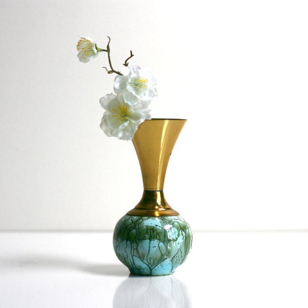 Vintage Mid Century Brass and Ceramic Hand Painted Delft Bud Vase from Holland